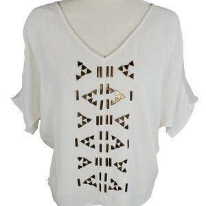 Line & Dot White V Neck Silk Contrast Gold Blouse
